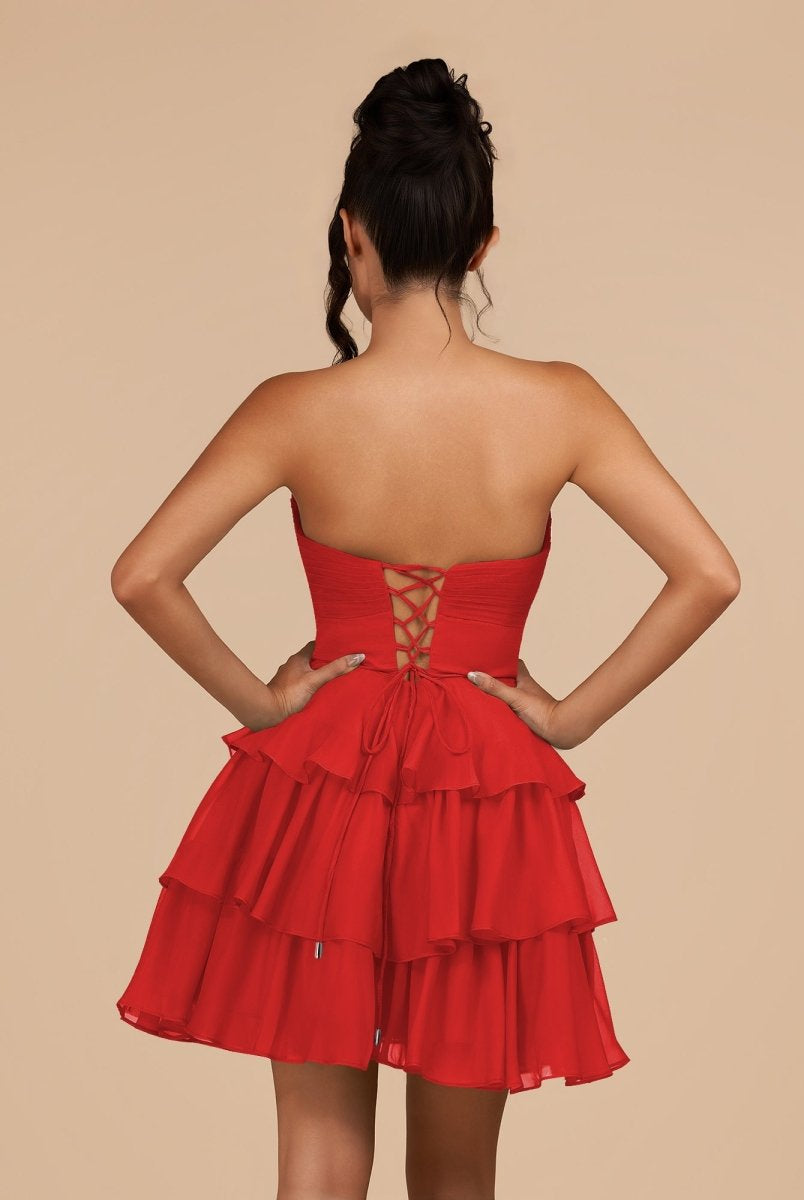 Fenara | Red - Strapless A Line Chiffon Ruffles Homecoming Dresses With Flower - KissProm