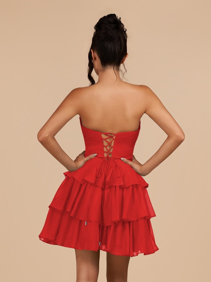Fenara | Red - Strapless A Line Chiffon Ruffles Homecoming Dresses With Flower - KissProm