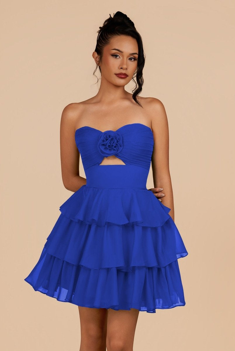 Fenara | Royal Blue - Strapless A Line Chiffon Ruffles Homecoming Dresses With Flower - KissProm