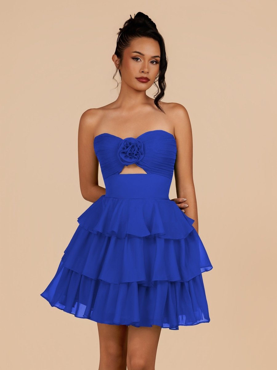 Fenara | Royal Blue - Strapless A Line Chiffon Ruffles Homecoming Dresses With Flower - KissProm