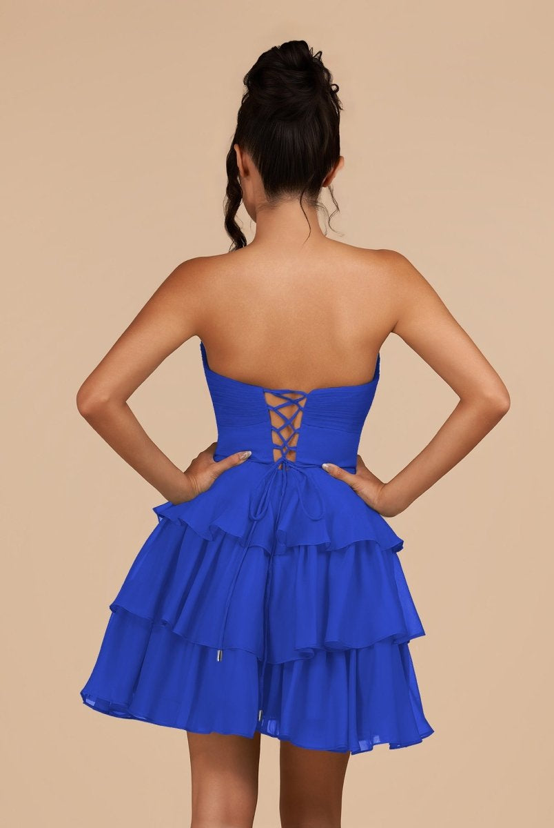 Fenara | Royal Blue - Strapless A Line Chiffon Ruffles Homecoming Dresses With Flower - KissProm