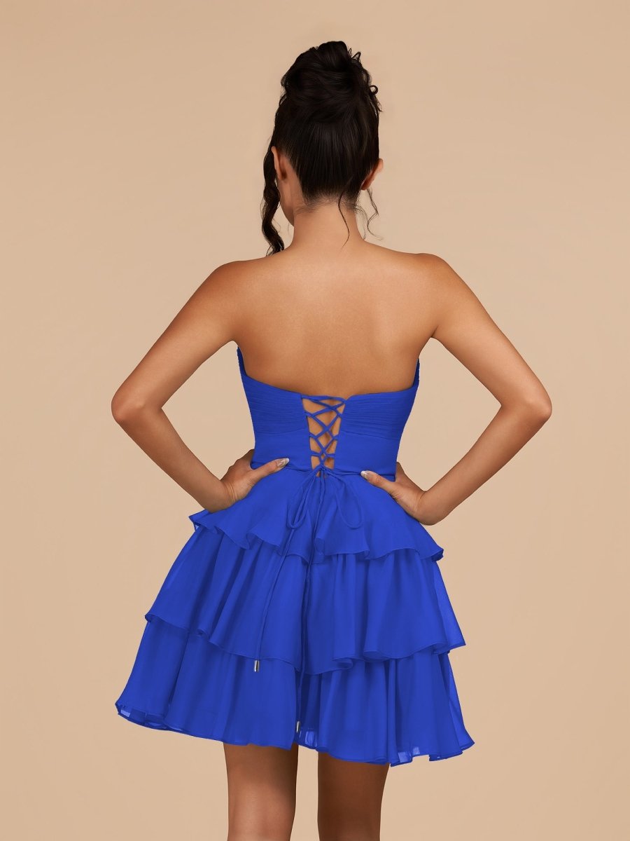Fenara | Royal Blue - Strapless A Line Chiffon Ruffles Homecoming Dresses With Flower - KissProm