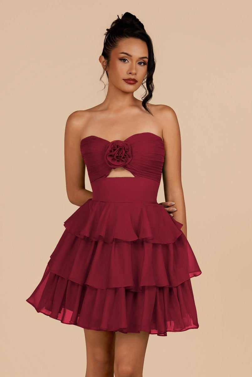 Fenara | Burgundy - Strapless A Line Chiffon Ruffles Homecoming Dresses With Flower - KissProm