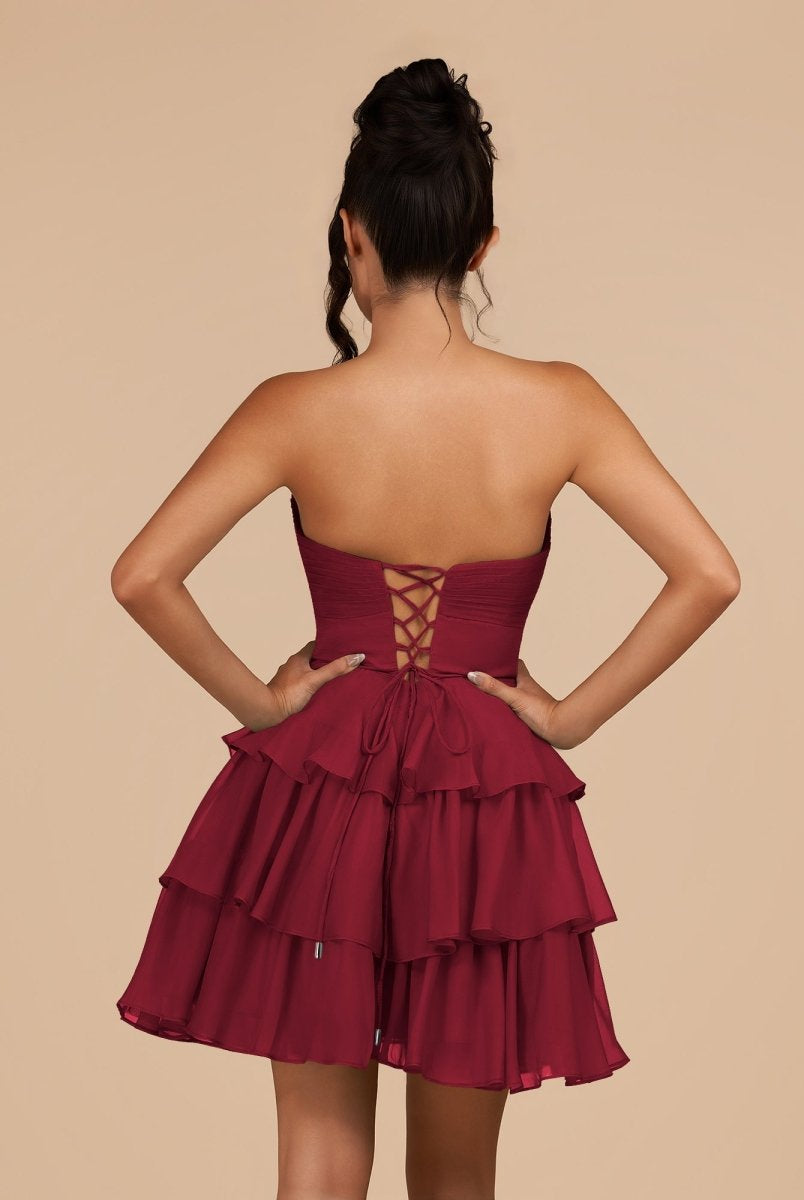 Fenara | Burgundy - Strapless A Line Chiffon Ruffles Homecoming Dresses With Flower - KissProm
