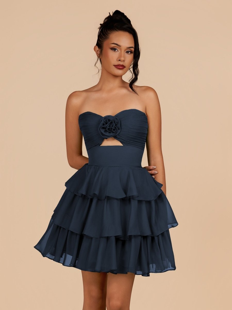 Fenara | Navy Blue - Strapless A Line Chiffon Ruffles Homecoming Dresses With Flower - KissProm