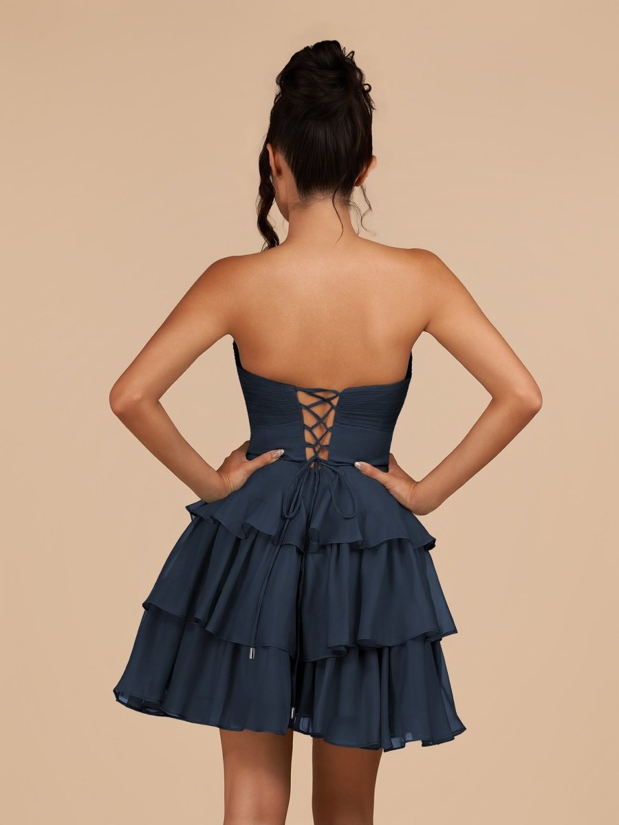 Fenara | Navy Blue - Strapless A Line Chiffon Ruffles Homecoming Dresses With Flower - KissProm