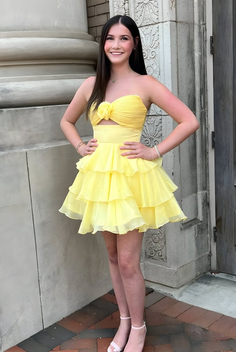 Fenara | Yellow - Strapless A Line Chiffon Ruffles Homecoming Dresses With Flower