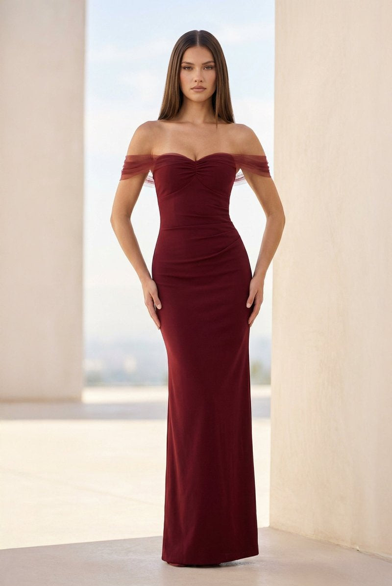 Fenisse | Burgundy - Off The Shoulder Mermaid Satin Long Formal Prom Dresses - KissProm