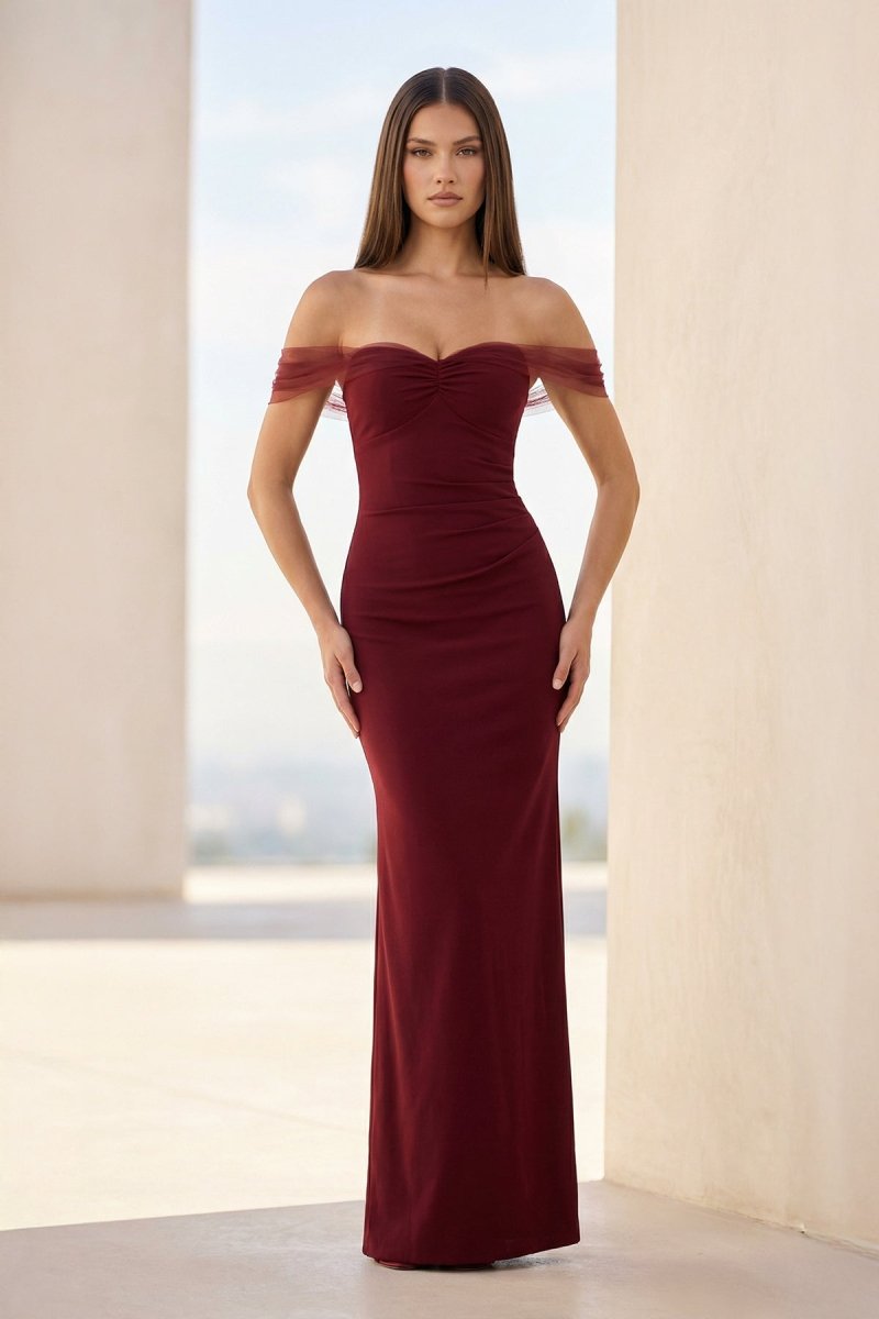 Fenisse | Burgundy - Off The Shoulder Mermaid Satin Long Formal Prom Dresses - KissProm