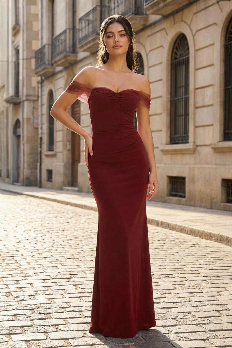 KissProm Burgundy Off The Shoulder Mermaid Satin Long Formal Prom Dresses, Burgundy / 00