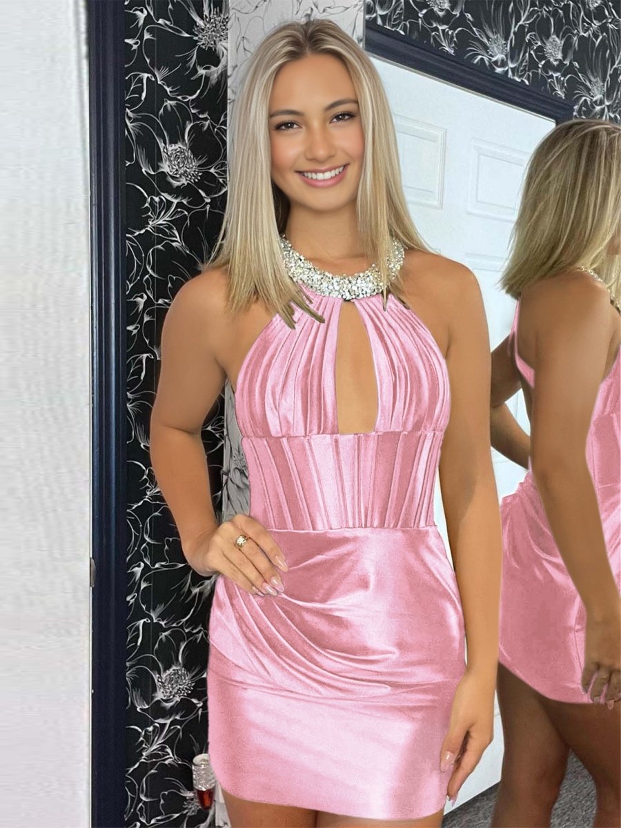 Fernina | Pink - Halter Beaded Satin Homecoming Dress With Keyhole - KissProm