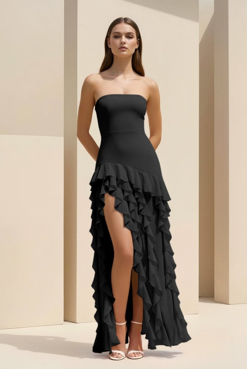 Feryn | Pink - Sheath Strapless Chiffon Long Prom Dresses With Ruffles - KissProm