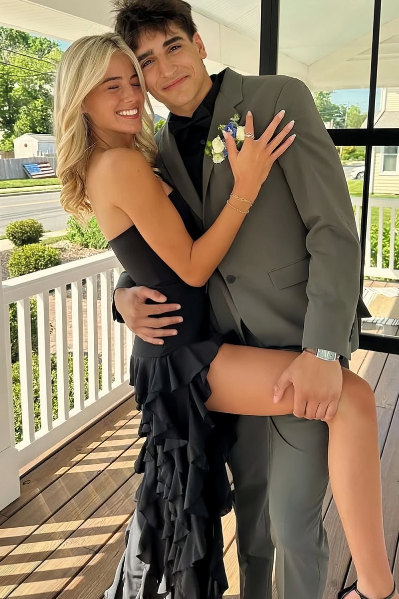 Feryn | Black - Sheath Strapless Chiffon Long Prom Dresses With Ruffles - KissProm