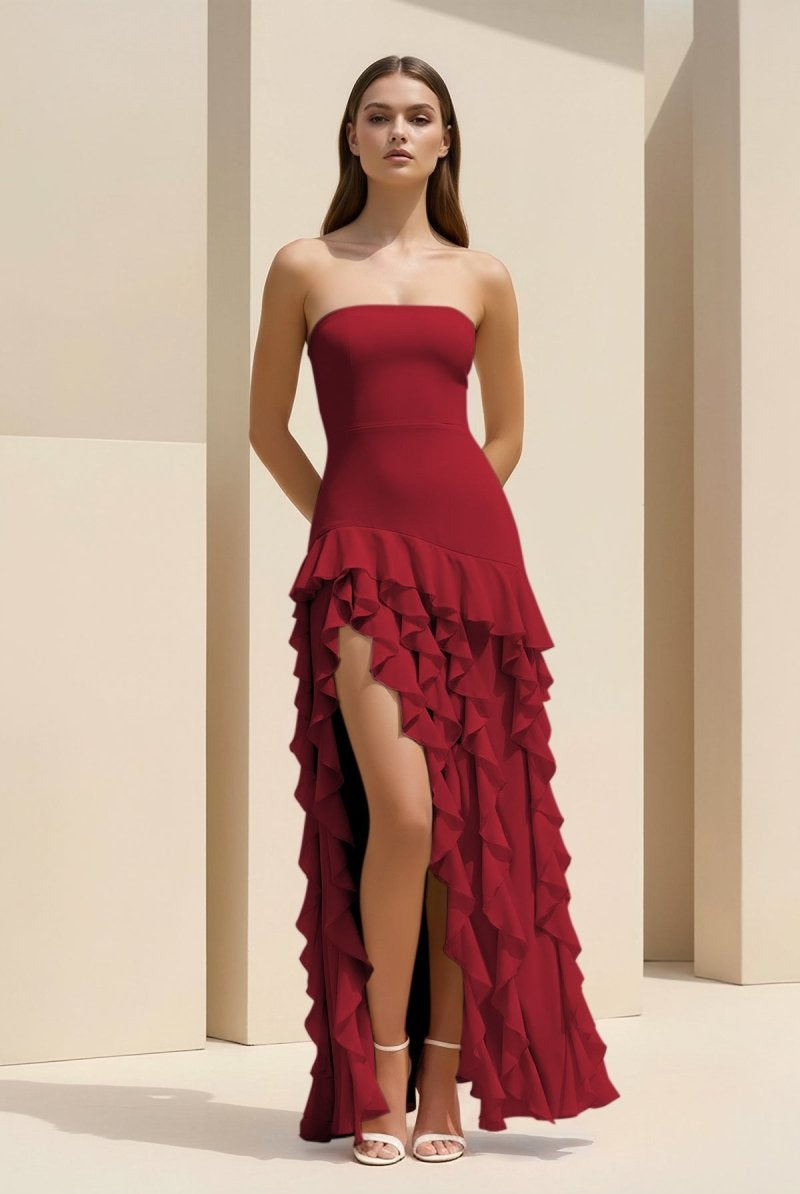 Feryn | Pink - Sheath Strapless Chiffon Long Prom Dresses With Ruffles - KissProm