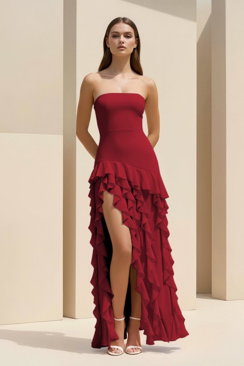 Feryn | Pink - Sheath Strapless Chiffon Long Prom Dresses With Ruffles - KissProm