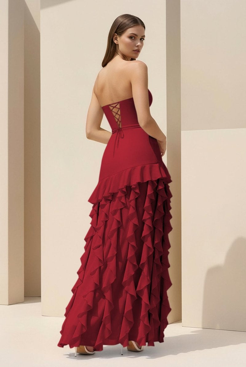 Feryn | Pink - Sheath Strapless Chiffon Long Prom Dresses With Ruffles - KissProm