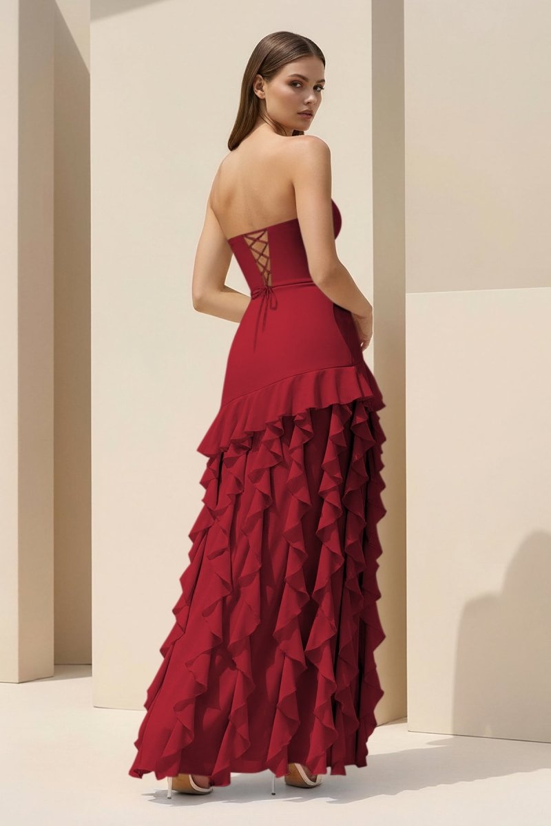 Feryn | Pink - Sheath Strapless Chiffon Long Prom Dresses With Ruffles - KissProm