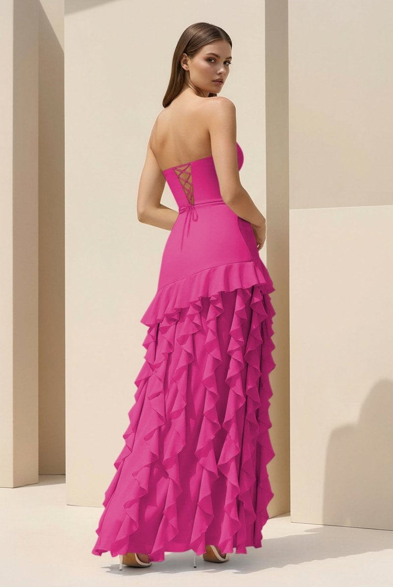 Feryn | Pink - Sheath Strapless Chiffon Long Prom Dresses With Ruffles - KissProm
