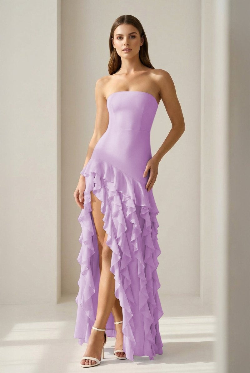 Feryn | Pink - Sheath Strapless Chiffon Long Prom Dresses With Ruffles - KissProm