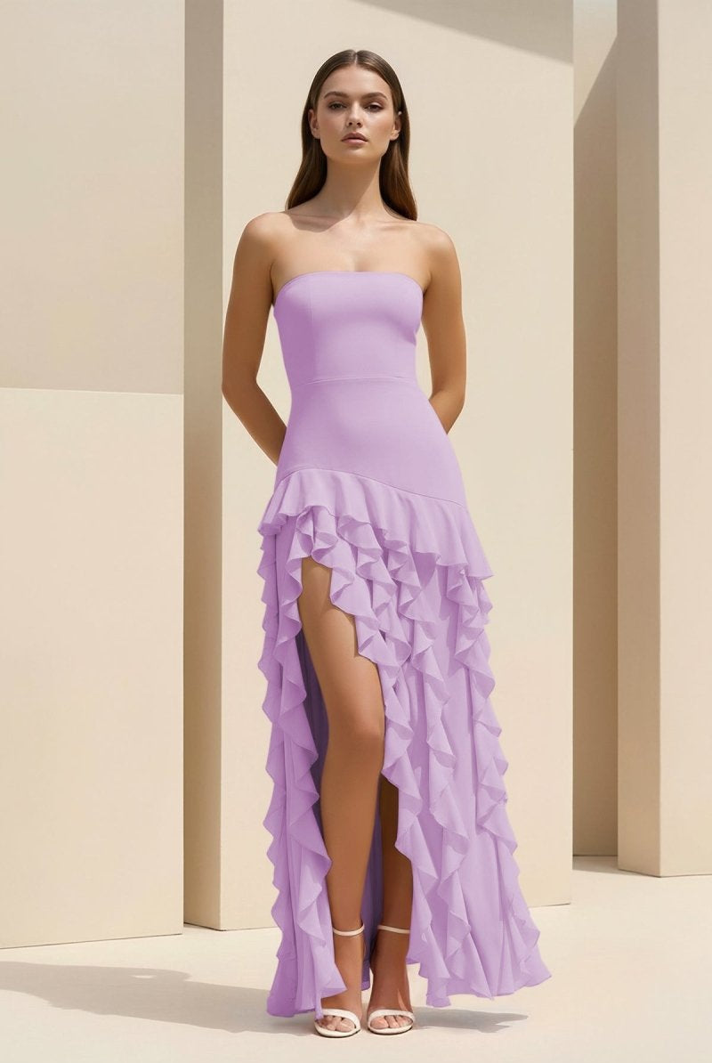 Feryn | Pink - Sheath Strapless Chiffon Long Prom Dresses With Ruffles - KissProm