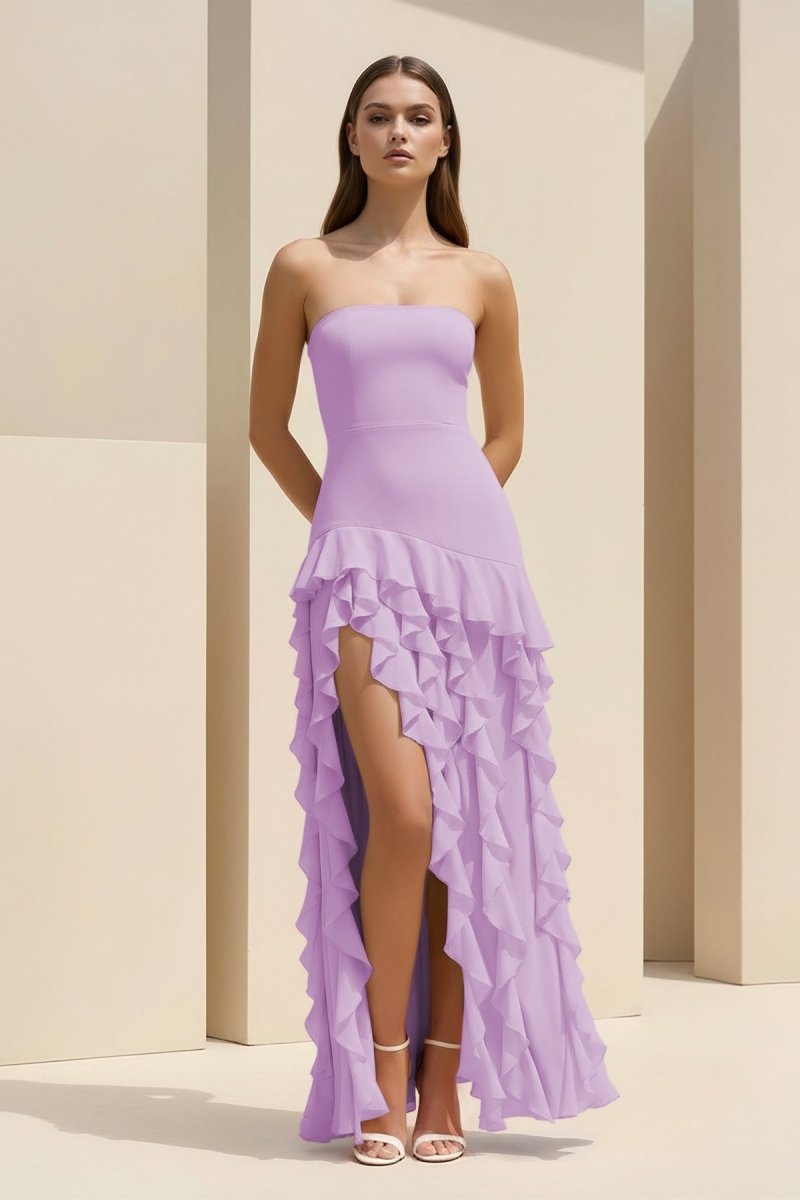 Feryn | Pink - Sheath Strapless Chiffon Long Prom Dresses With Ruffles - KissProm