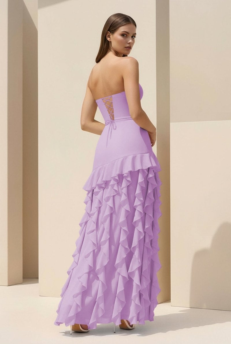 Feryn | Pink - Sheath Strapless Chiffon Long Prom Dresses With Ruffles - KissProm