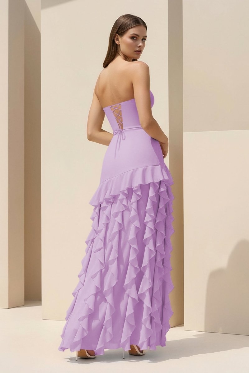 Feryn | Pink - Sheath Strapless Chiffon Long Prom Dresses With Ruffles - KissProm