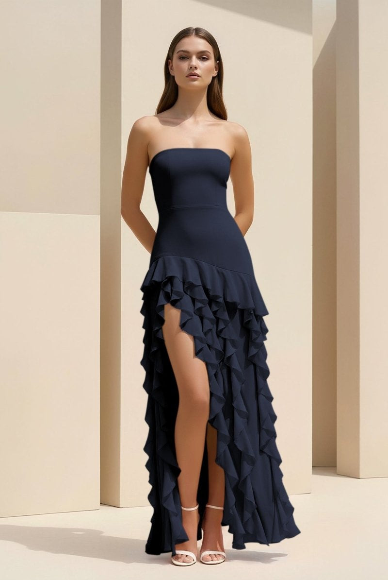 Feryn | Pink - Sheath Strapless Chiffon Long Prom Dresses With Ruffles - KissProm