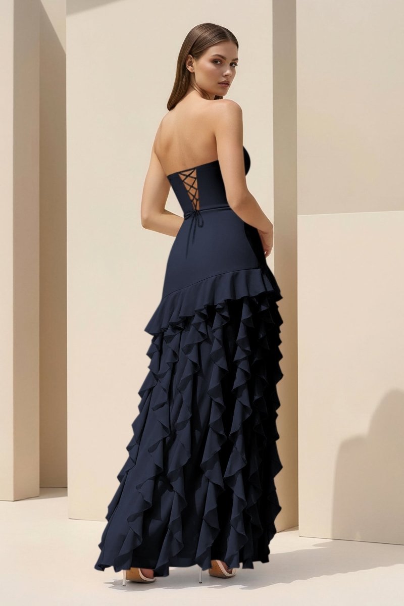 Feryn | Pink - Sheath Strapless Chiffon Long Prom Dresses With Ruffles - KissProm