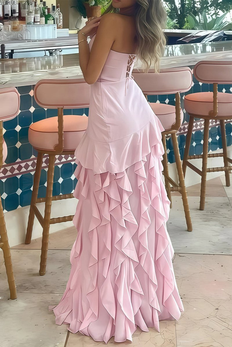 Feryn | Pink - Sheath Strapless Chiffon Long Prom Dresses With Ruffles - KissProm