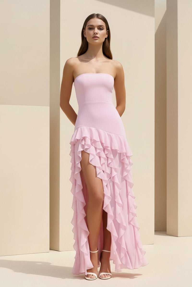 Feryn | Pink - Sheath Strapless Chiffon Long Prom Dresses With Ruffles - KissProm