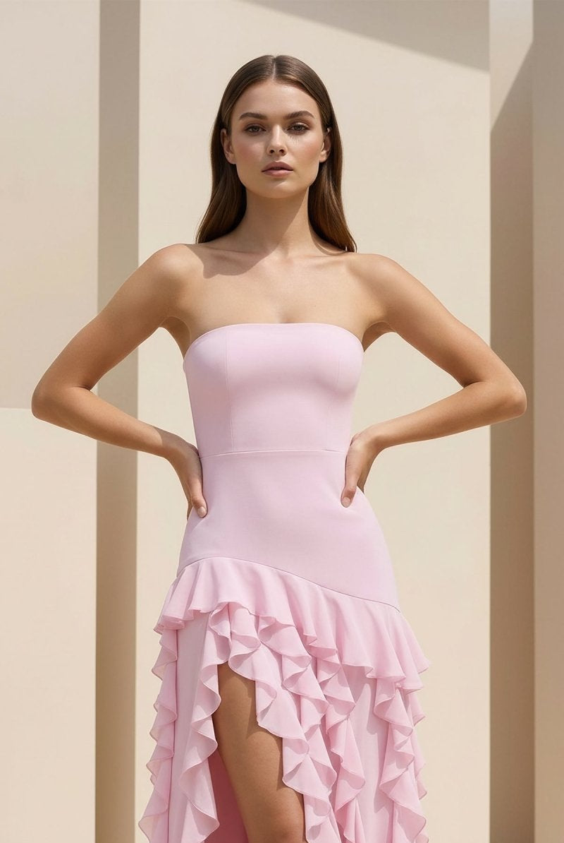 Feryn | Pink - Sheath Strapless Chiffon Long Prom Dresses With Ruffles - KissProm