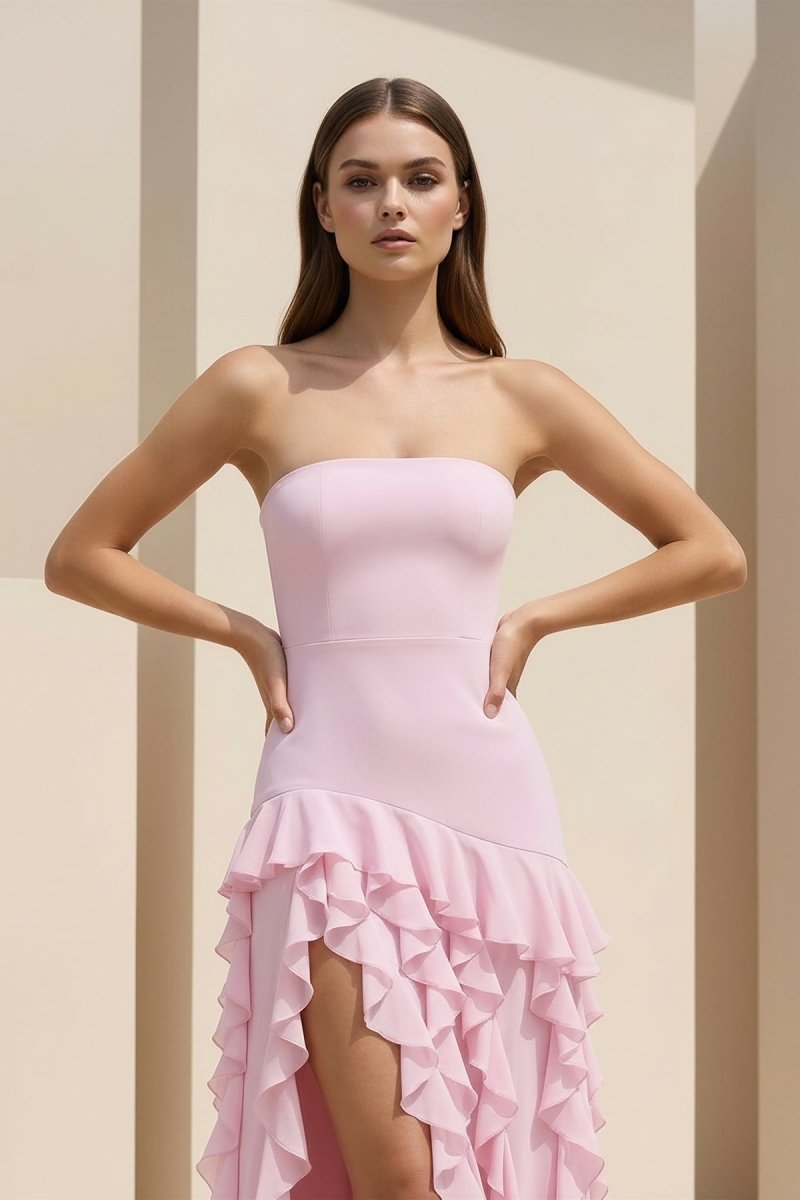 Feryn | Pink - Sheath Strapless Chiffon Long Prom Dresses With Ruffles - KissProm
