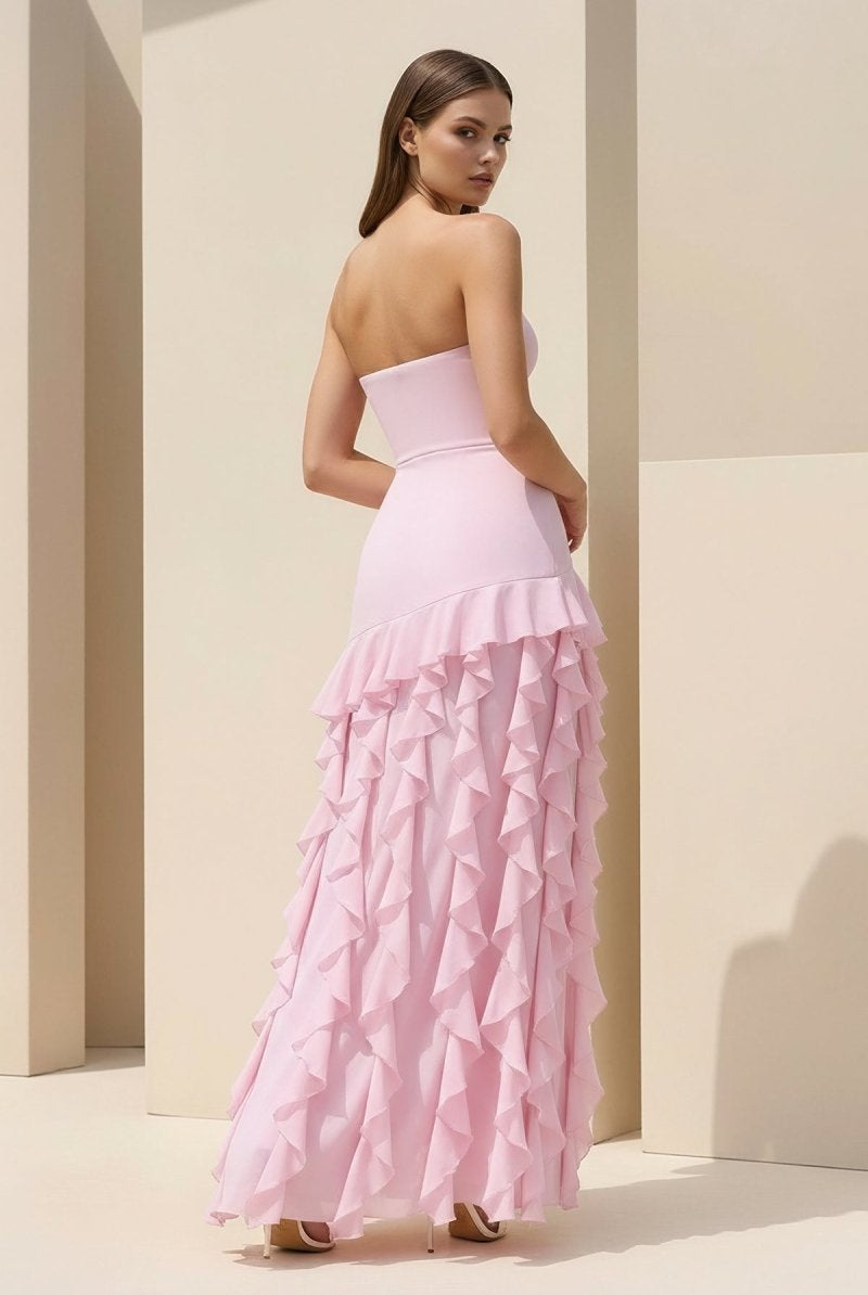 Feryn | Pink - Sheath Strapless Chiffon Long Prom Dresses With Ruffles - KissProm