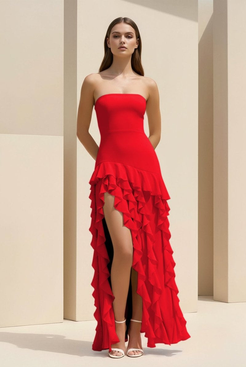 Feryn | Pink - Sheath Strapless Chiffon Long Prom Dresses With Ruffles - KissProm