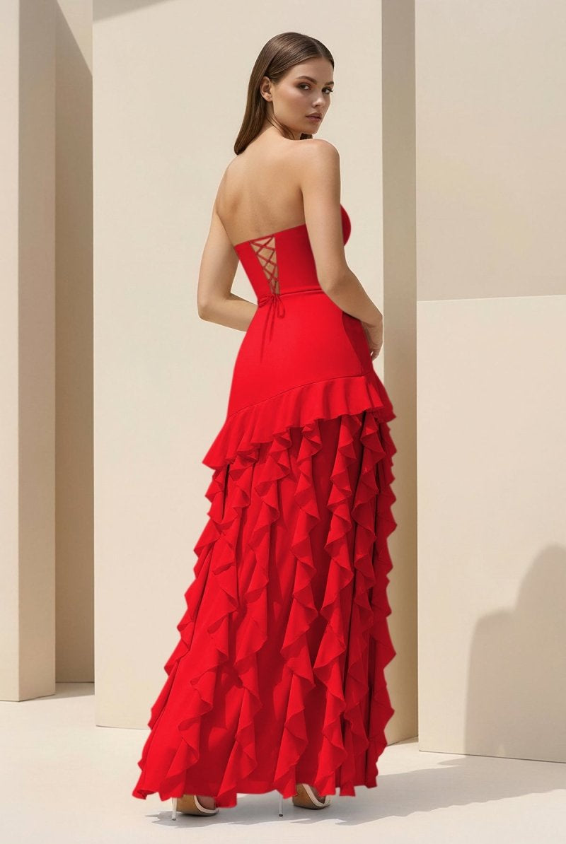 Feryn | Pink - Sheath Strapless Chiffon Long Prom Dresses With Ruffles - KissProm