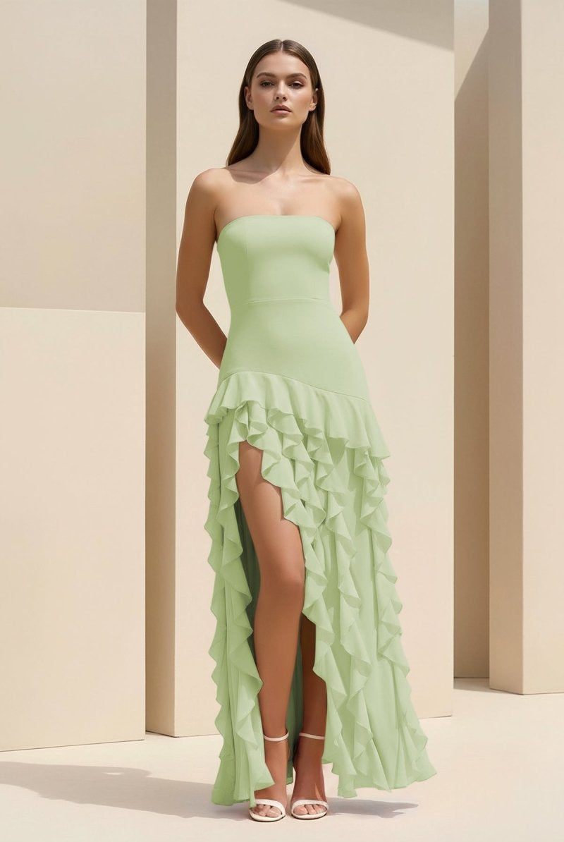 Feryn | Pink - Sheath Strapless Chiffon Long Prom Dresses With Ruffles - KissProm