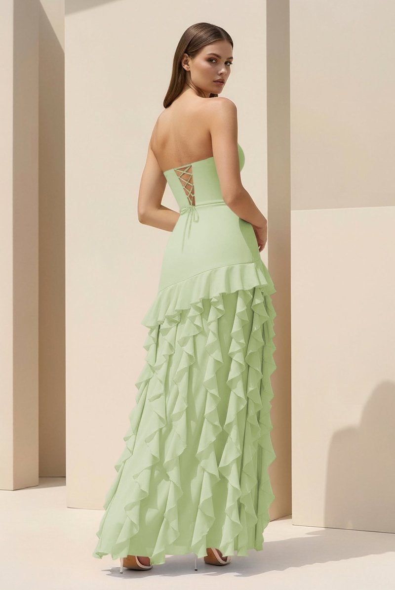 Feryn | Pink - Sheath Strapless Chiffon Long Prom Dresses With Ruffles - KissProm