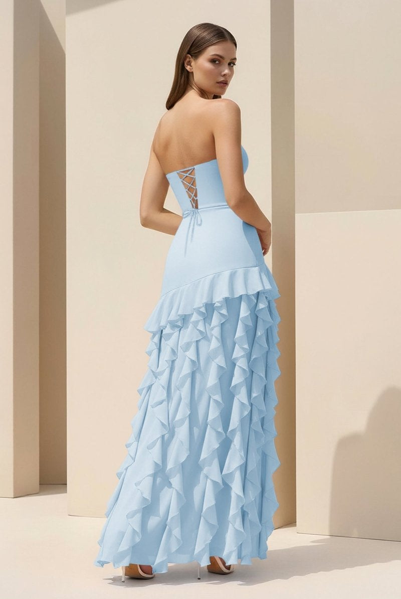 Feryn | Pink - Sheath Strapless Chiffon Long Prom Dresses With Ruffles - KissProm