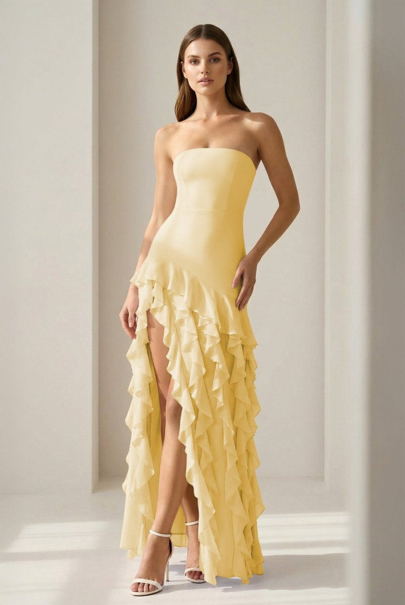 Feryn | Pink - Sheath Strapless Chiffon Long Prom Dresses With Ruffles - KissProm