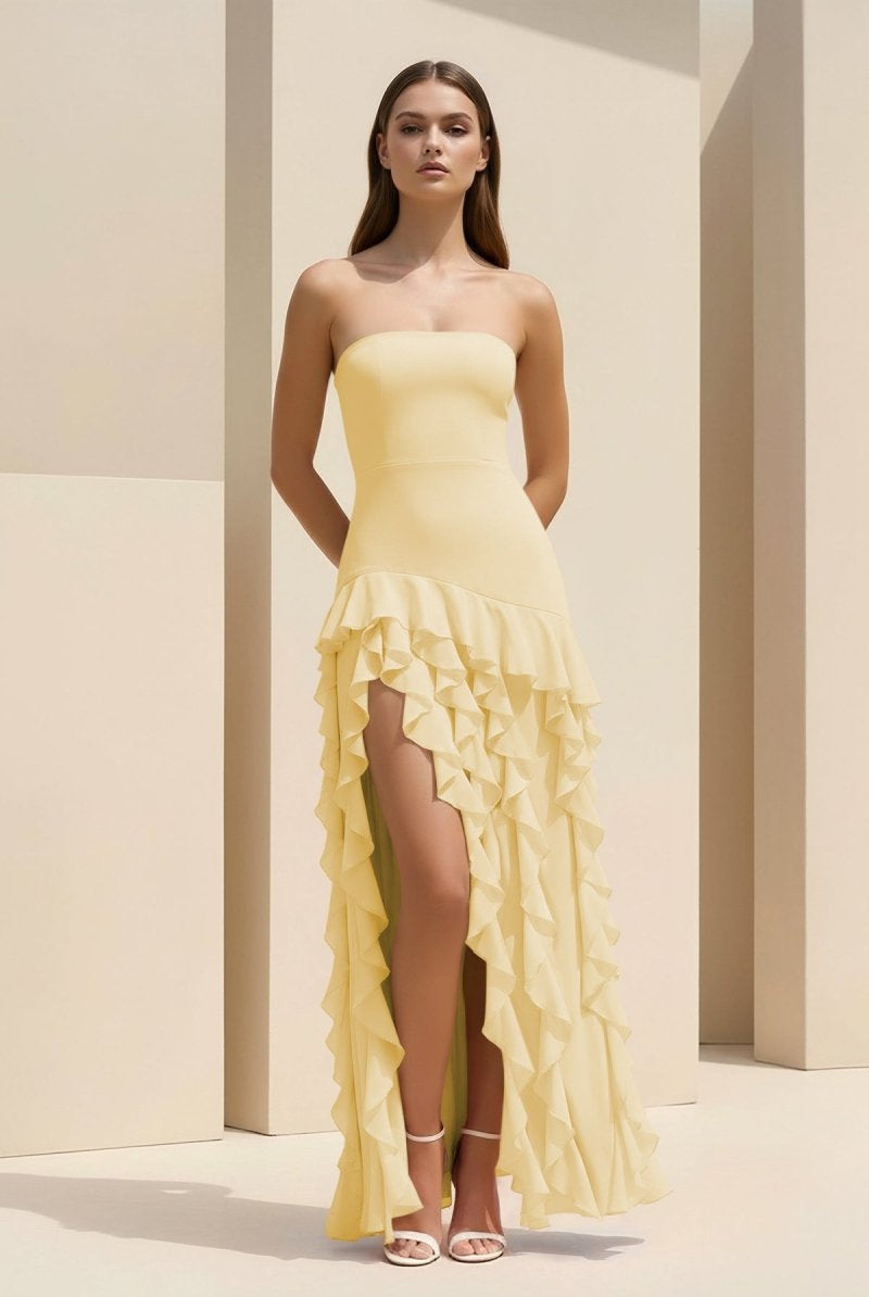 Feryn | Pink - Sheath Strapless Chiffon Long Prom Dresses With Ruffles - KissProm