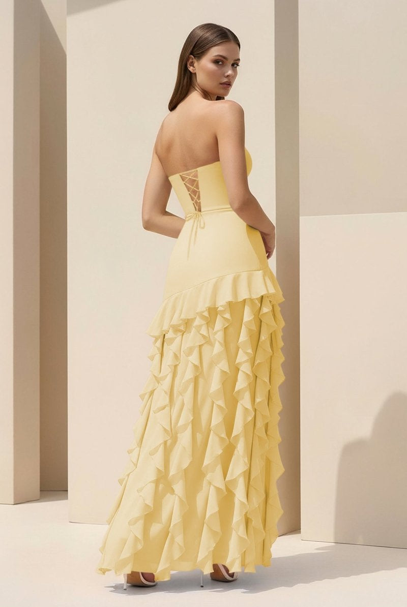 Feryn | Pink - Sheath Strapless Chiffon Long Prom Dresses With Ruffles - KissProm