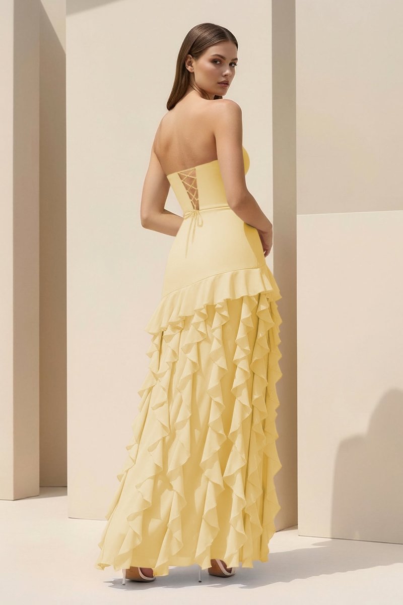 Feryn | Pink - Sheath Strapless Chiffon Long Prom Dresses With Ruffles - KissProm