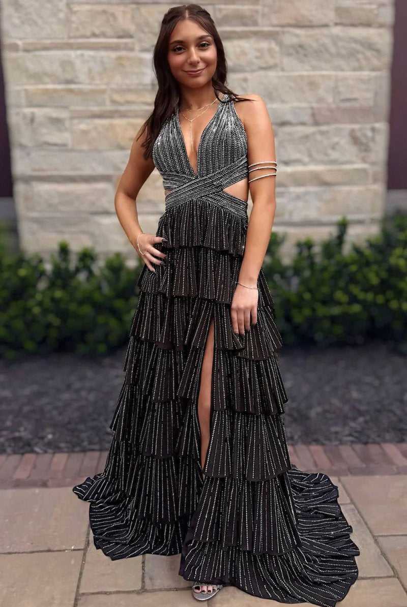 KissProm-Feyla Black A Line V Neck Satin Beaded Long Prom Dresses With Ruffles