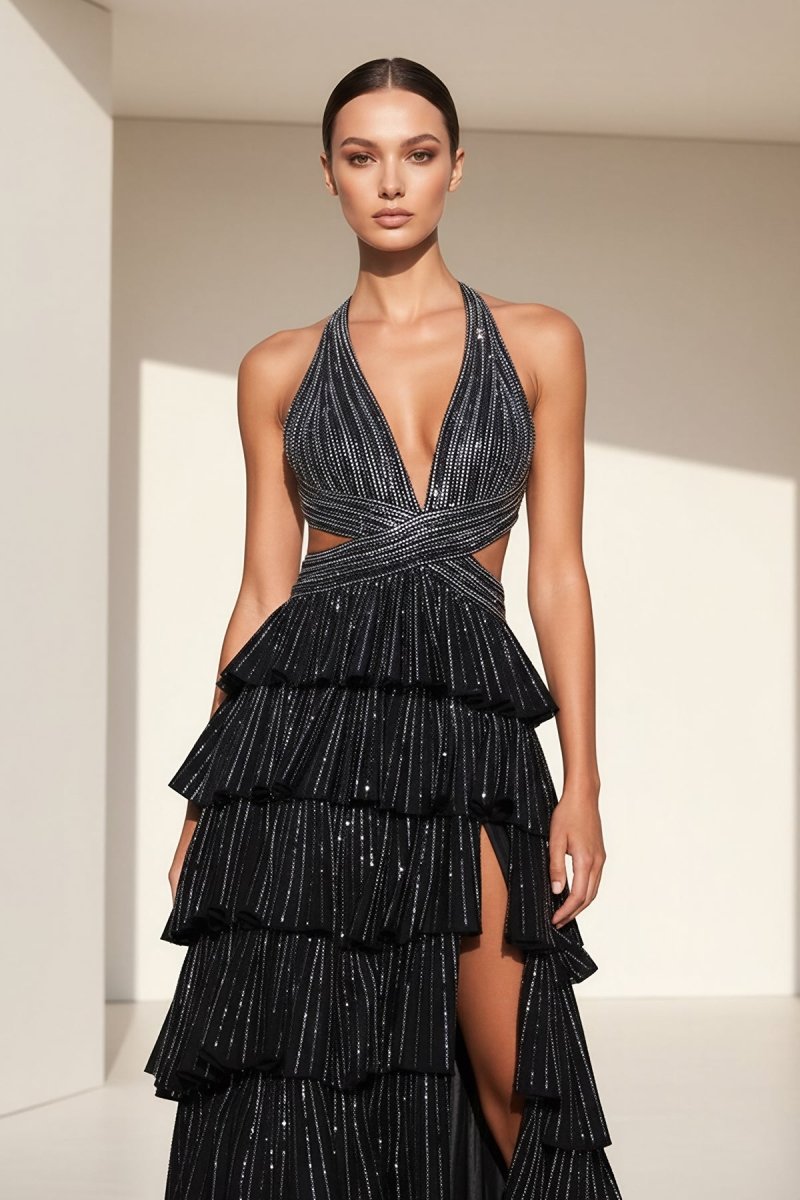 KissProm-Feyla Black A Line V Neck Satin Beaded Long Prom Dresses With Ruffles