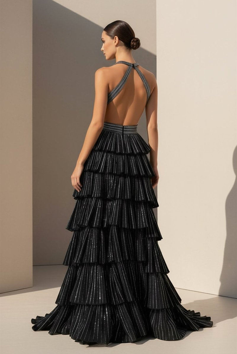 KissProm-Feyla Black A Line V Neck Satin Beaded Long Prom Dresses With Ruffles