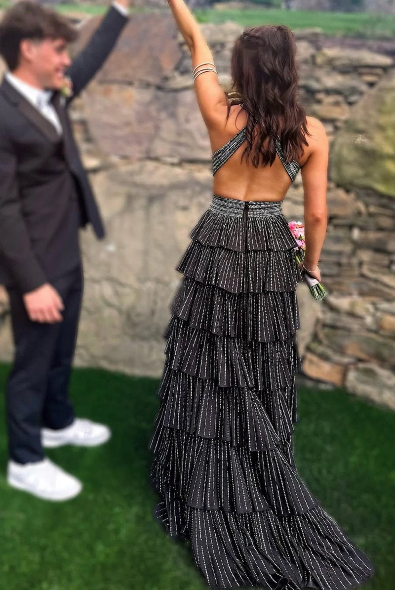 KissProm-Feyla Black A Line V Neck Satin Beaded Long Prom Dresses With Ruffles