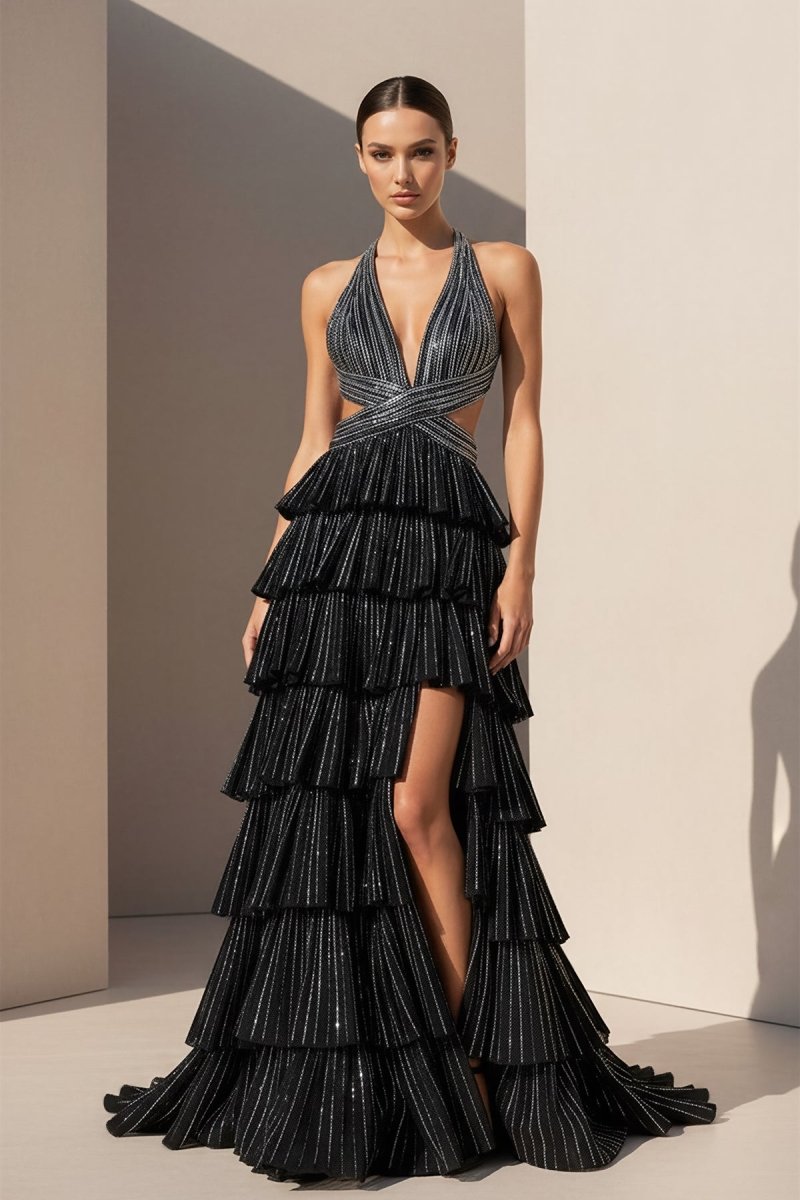 KissProm-Feyla Black A Line V Neck Satin Beaded Long Prom Dresses With Ruffles