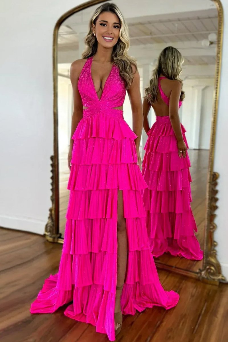 KissProm-Feyla Hot Pink A Line V Neck Satin Beaded Long Prom Dresses With Ruffles