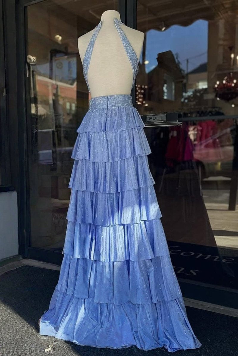 KissProm-Feyla Sky Blue A Line V Neck Satin Beaded Long Prom Dresses With Ruffles